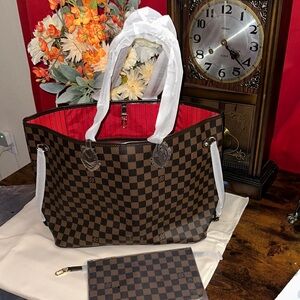 Designer-Inspired GM Sized Brown Check Tote Bag with Red Interior